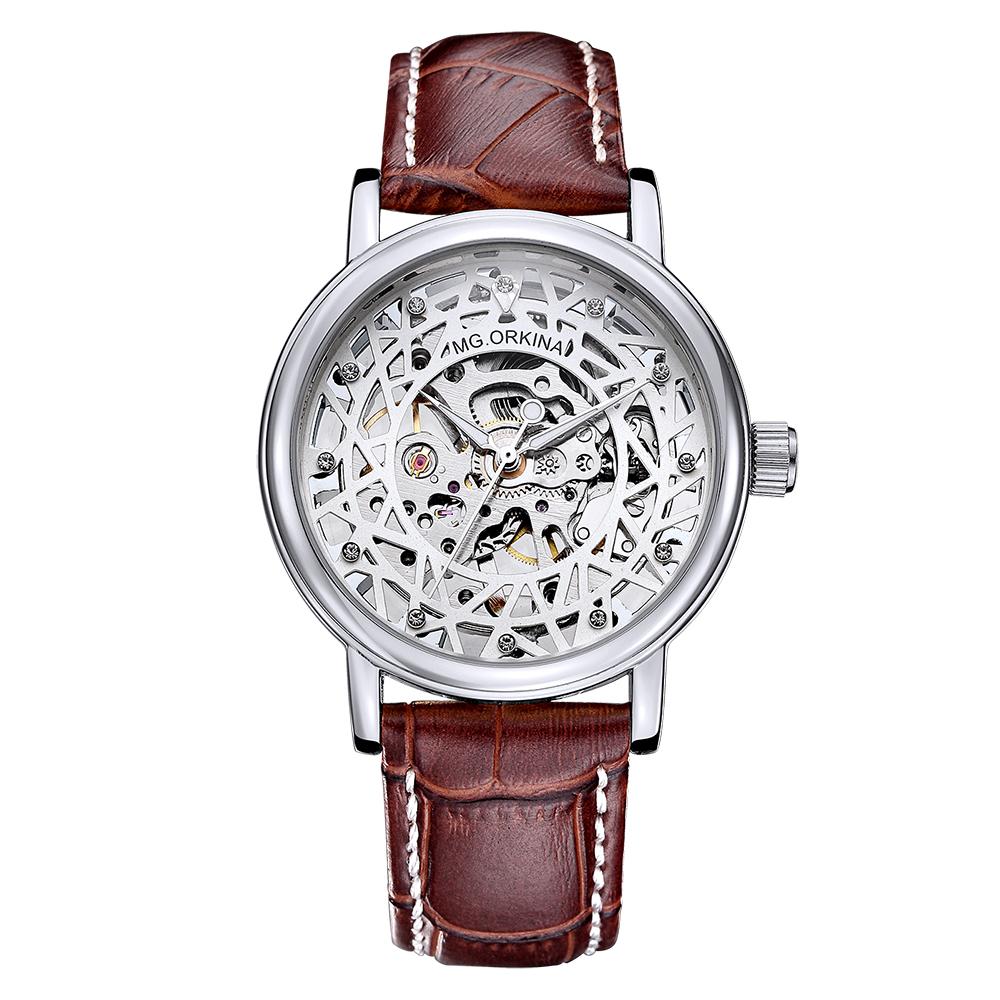dappertime men&#39;s brown leather silver case skeleton automatic watch