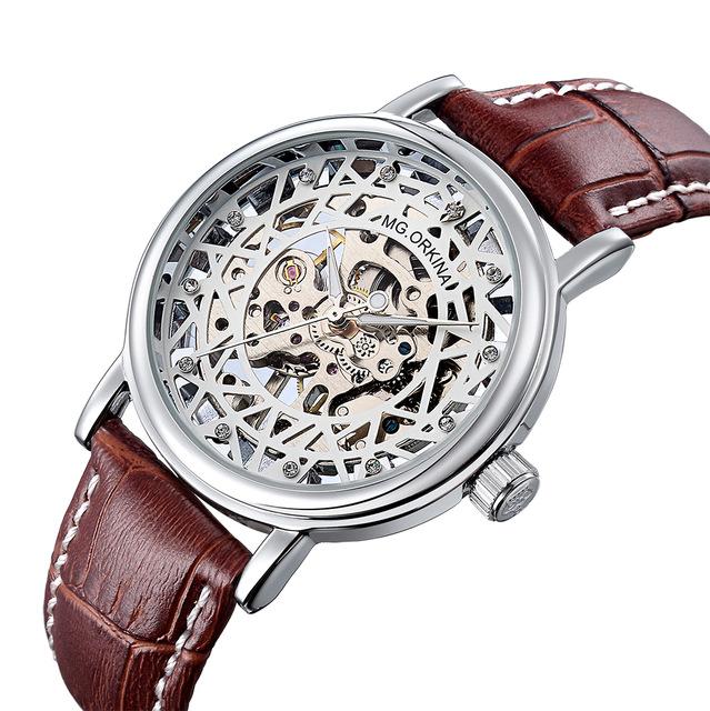 dappertime men&#39;s brown leather silver case skeleton automatic watch