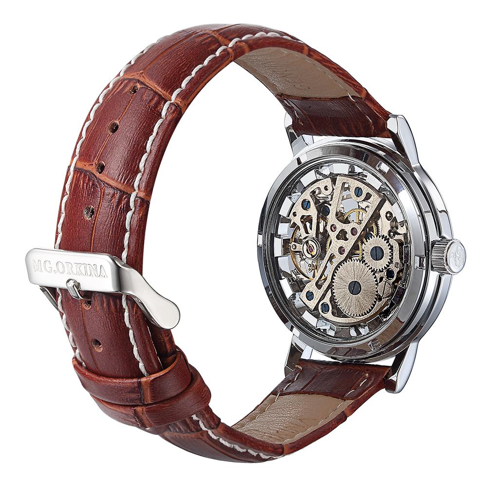 dappertime men&#39;s brown leather silver case skeleton automatic watch