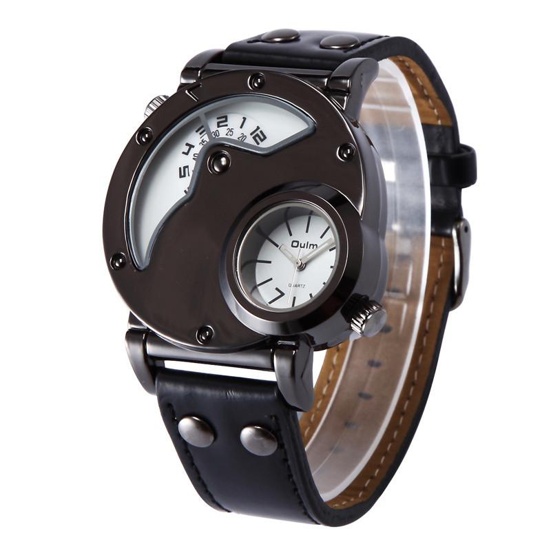 DapperTime military big face black leather band quartz watch