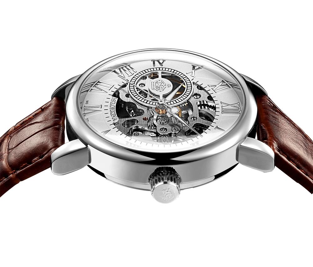 dappertime brown leather dapper silver automatic skeleton watch
