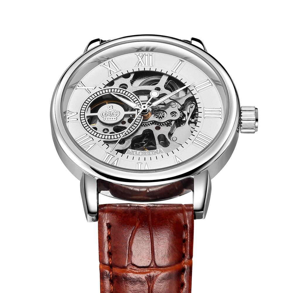 dappertime brown leather dapper silver automatic skeleton watch