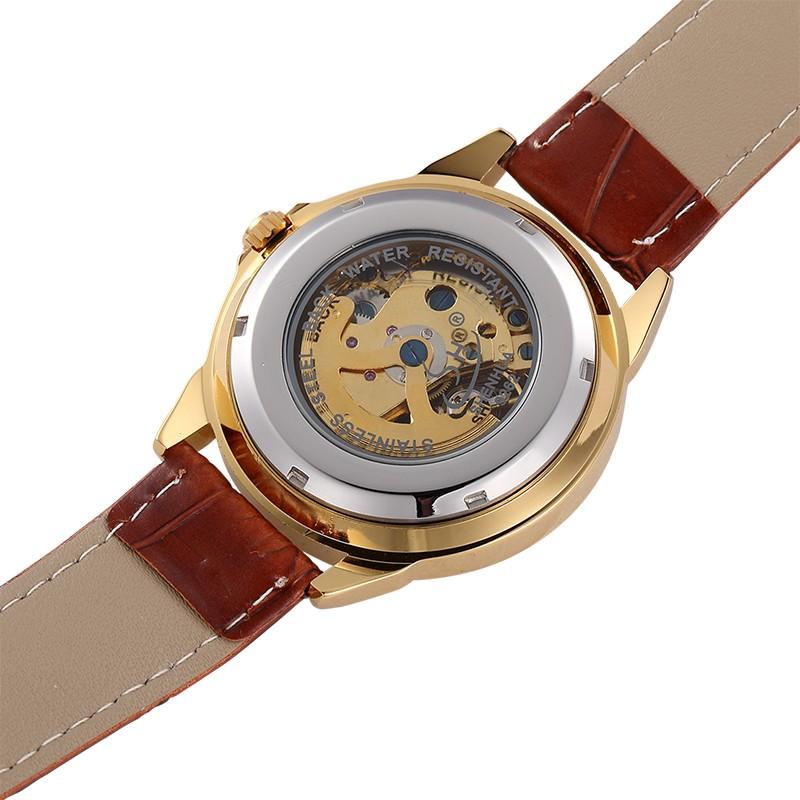 DapperTime automatic brown leather gold skeleton watch