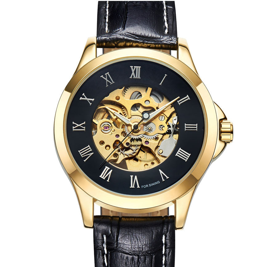 DapperTime automatic black leather gold case skeleton watch