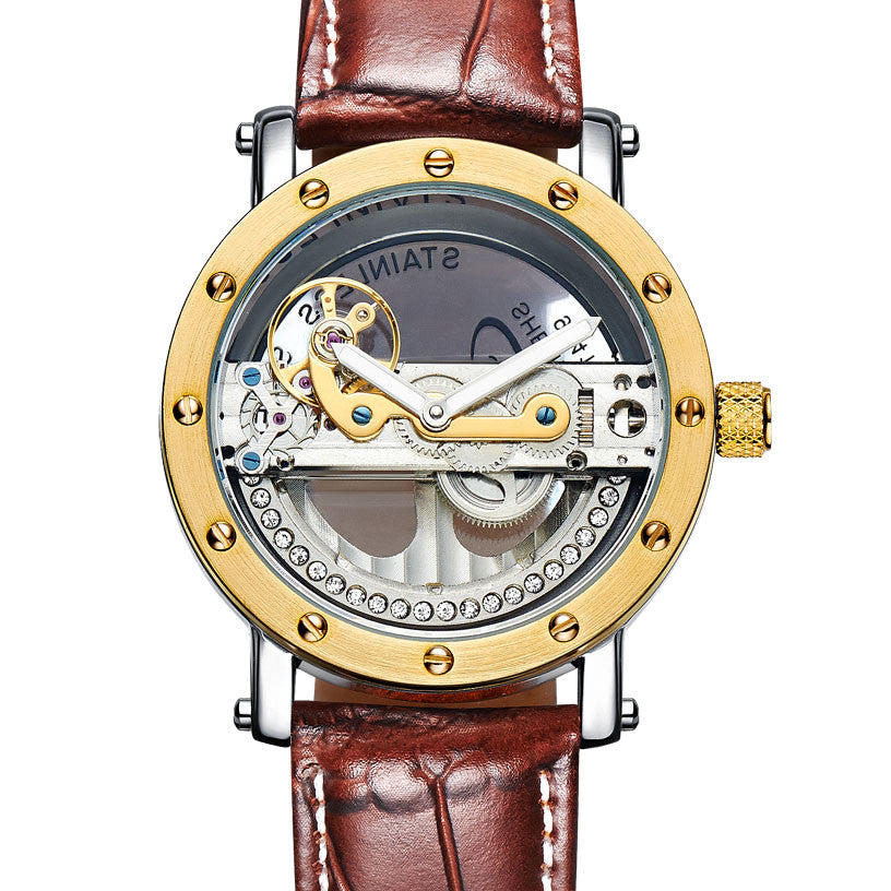 Affordable self-winding mechanical brown leather gold case skeleton watch