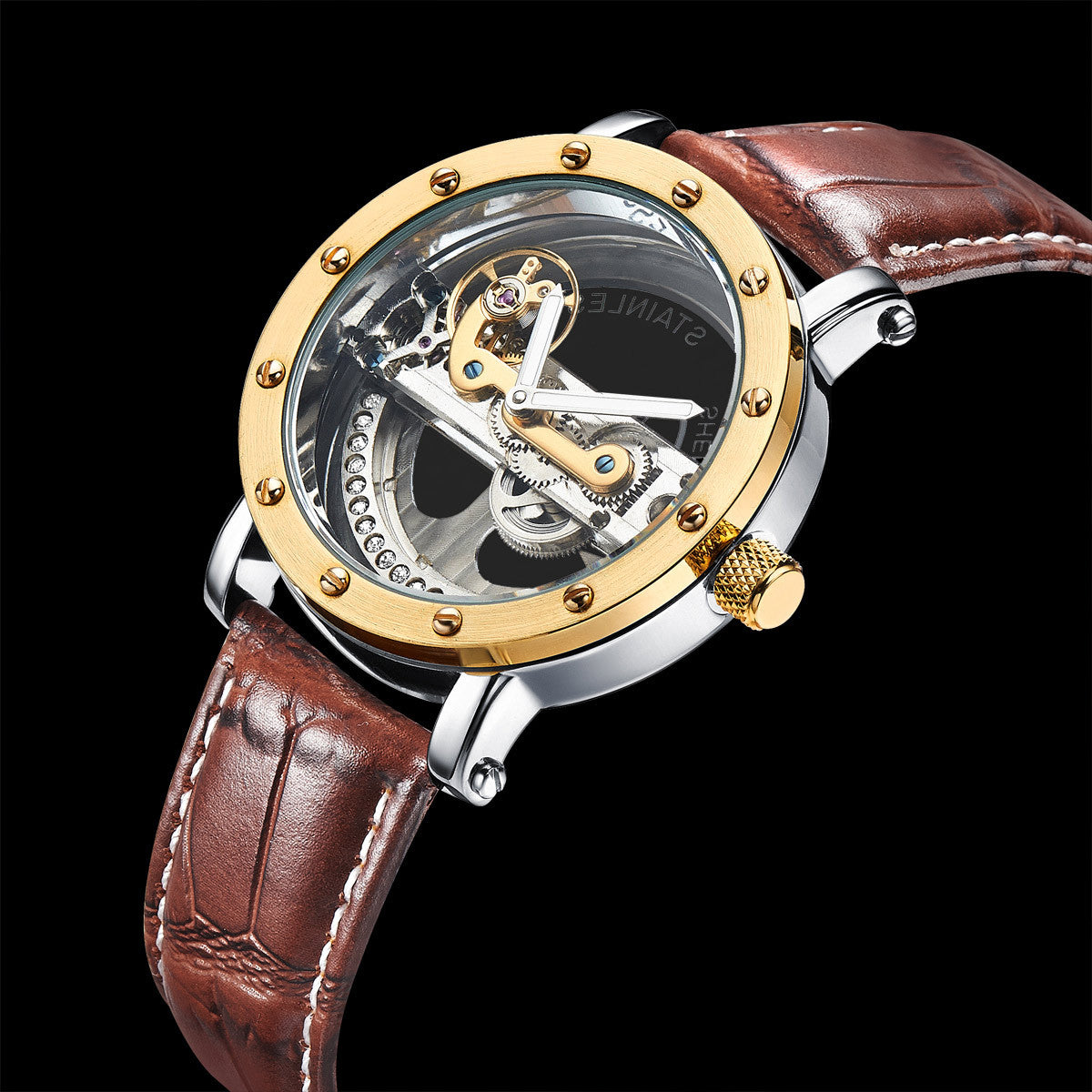 Affordable self-winding mechanical brown leather gold case skeleton watch