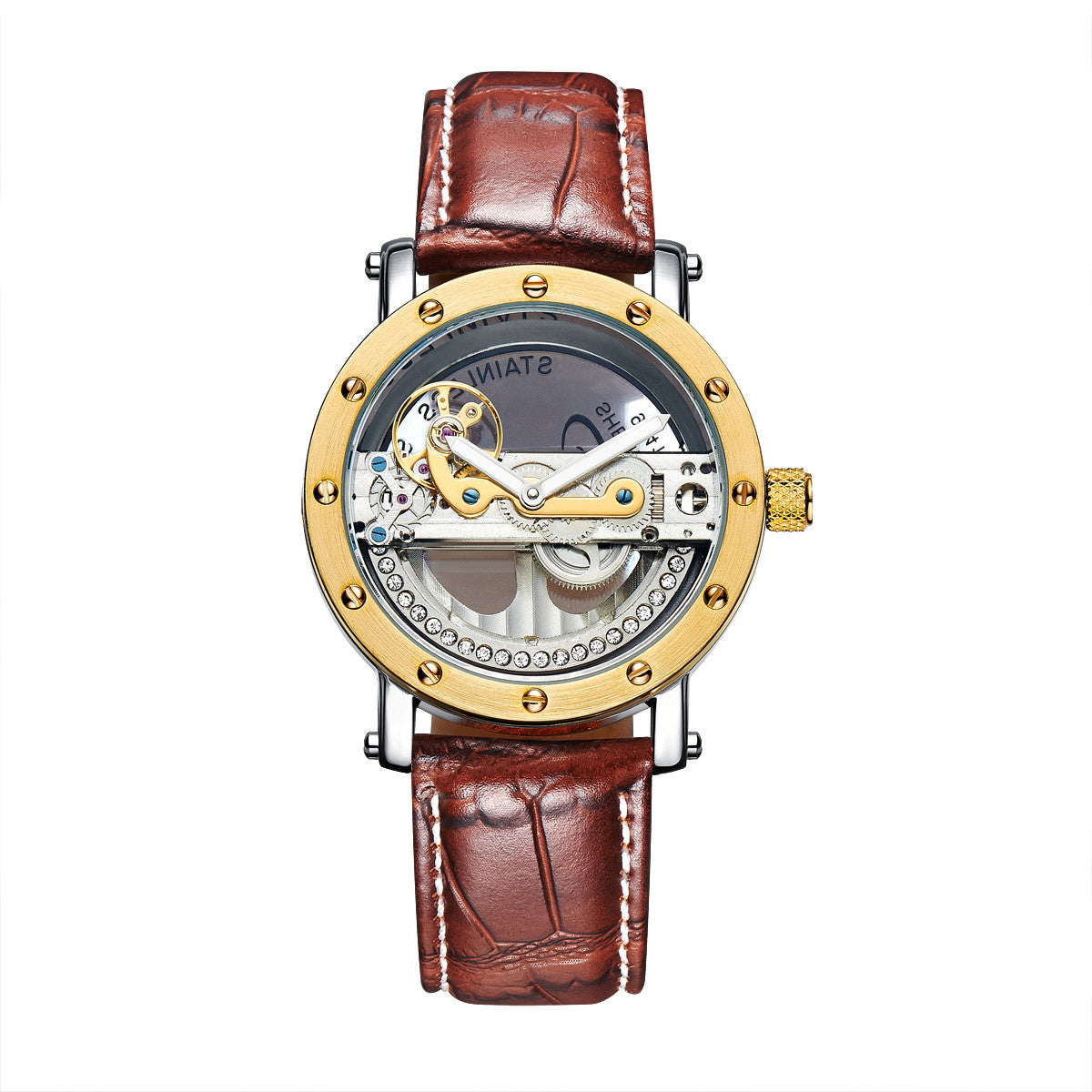 Affordable self-winding mechanical brown leather gold case skeleton watch