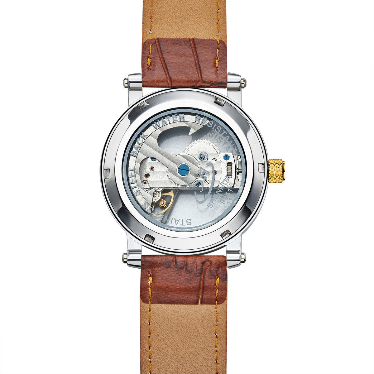 Affordable self-winding mechanical brown leather gold case skeleton watch back