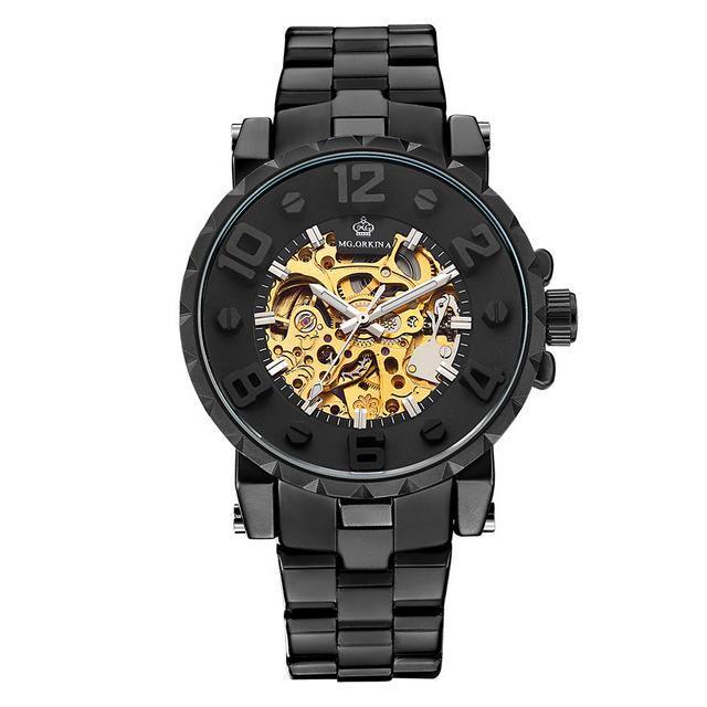 dappertime black gold automatic big face stainless steel skeleton watch