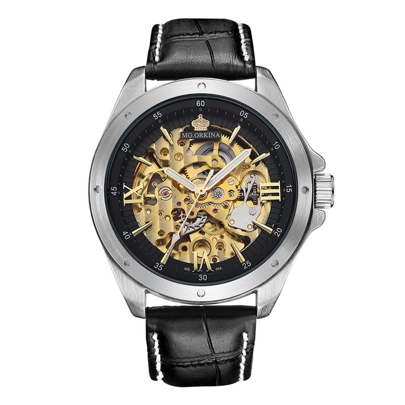 dappertime black leather silver case automatic skeleton watch