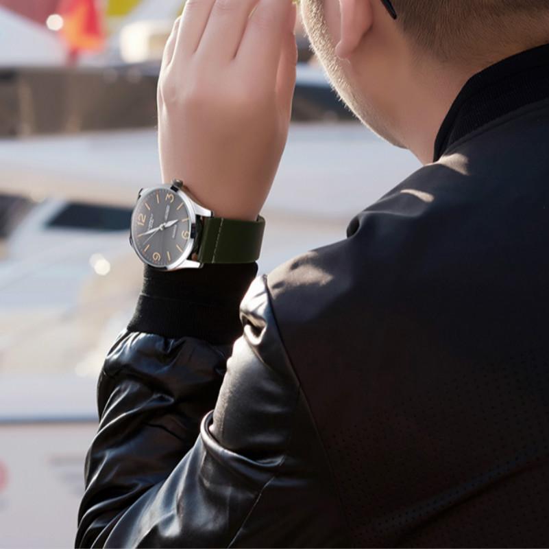 dappertime olive green leather silver case quartz watch