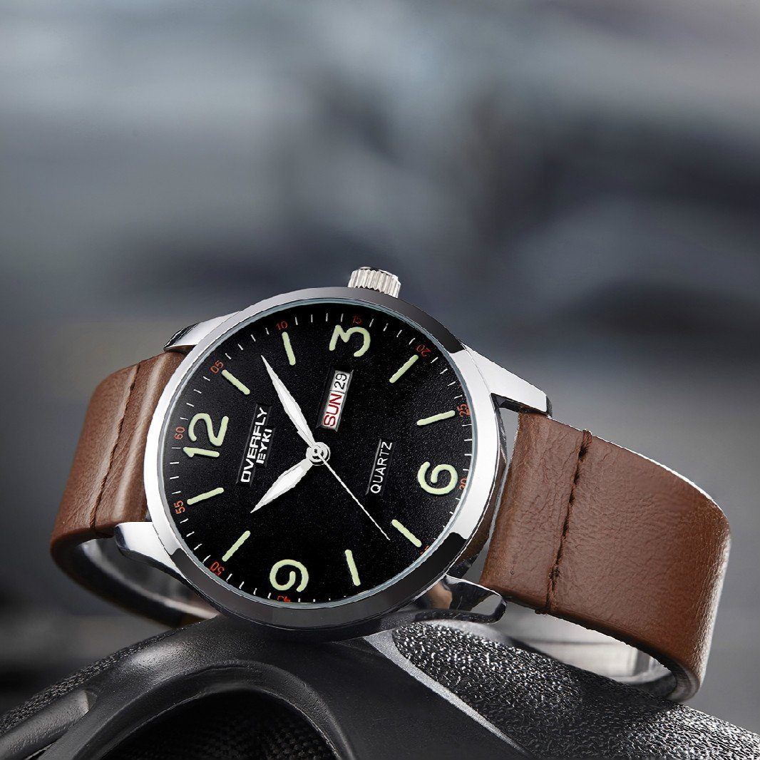 dappertime brown tan leather silver case quartz watch